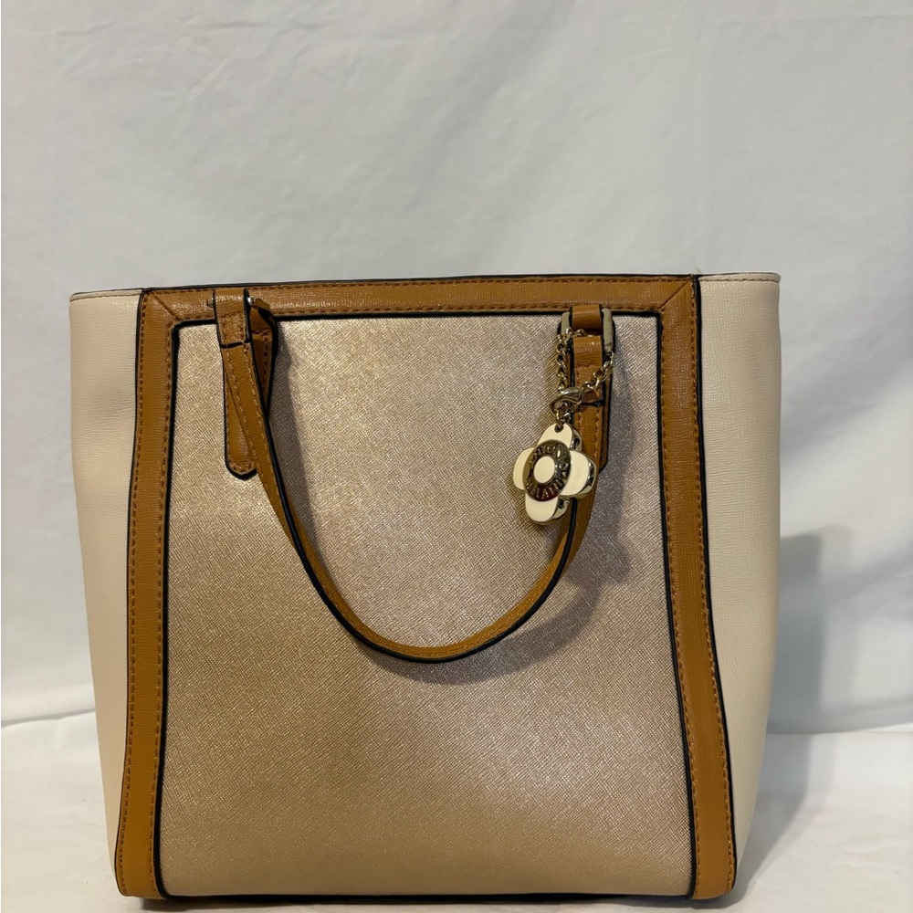 Antonio Milani Colorblock Structured Tote Tan Beige Brown